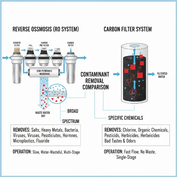 Visual comparison of reverse osmosis and carbon water filters, highlighting their differences in contaminant removal.