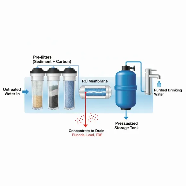 Diagram showing reverse osmosis water filtration process removing fluoride and other contaminants.