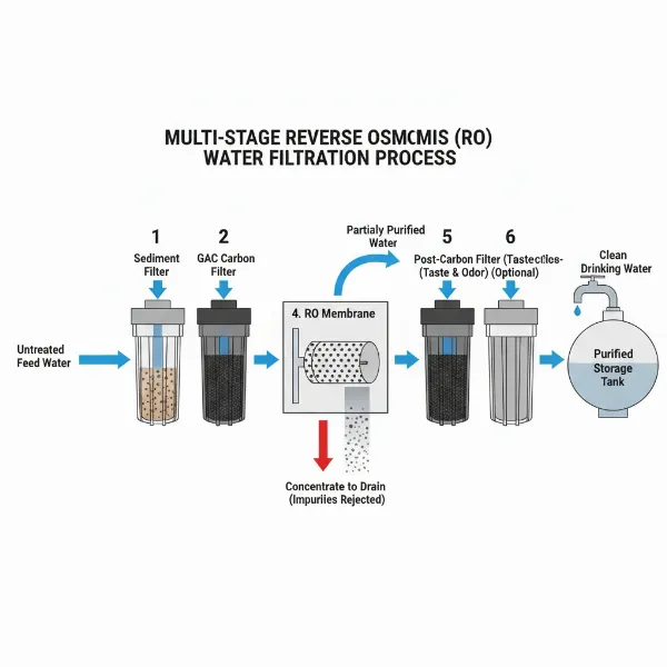 An illustrative diagram showing the multi-stage reverse osmosis water purification process in a home system.