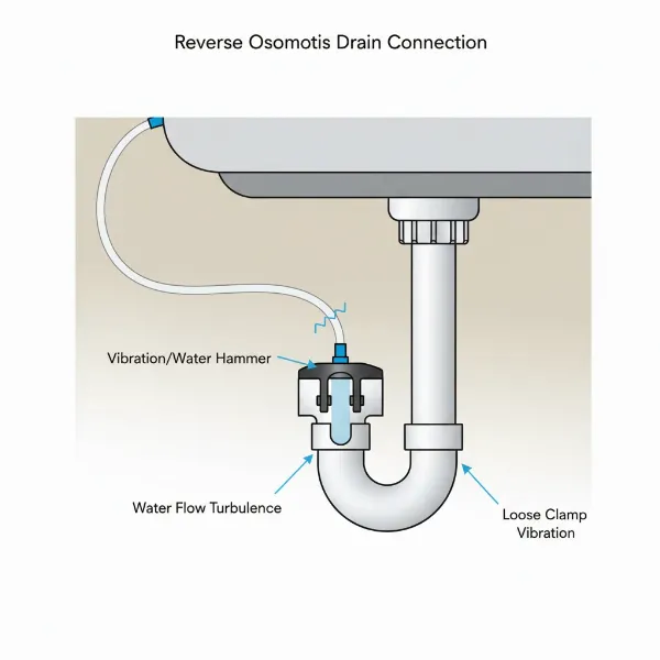 Diagram showing common RO drain line connections under a sink to illustrate noise points