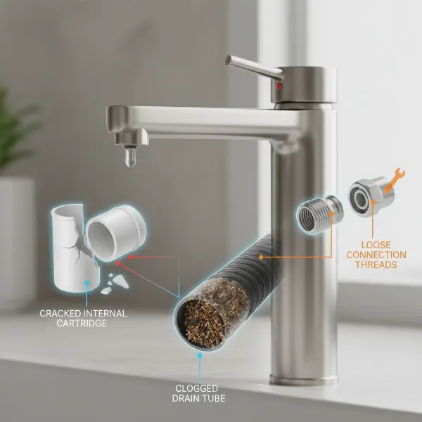 Close-up of a dripping reverse osmosis faucet with various causes highlighted digitally