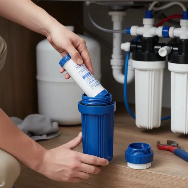 A person reinstalling a new RO filter into its housing