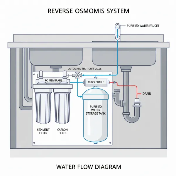 A diagram illustrating the components of a reverse osmosis system with focus on the tank needing sanitization