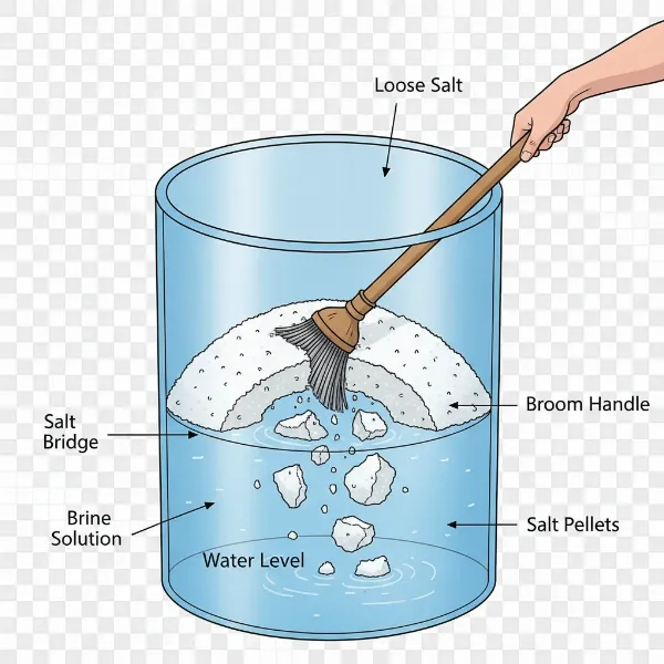 A clear illustration of a salt bridge forming inside a water softener brine tank, with a long-handled tool breaking it up