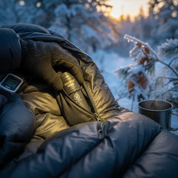 Sawyer MINI filter protected from freezing in a winter camping setting.