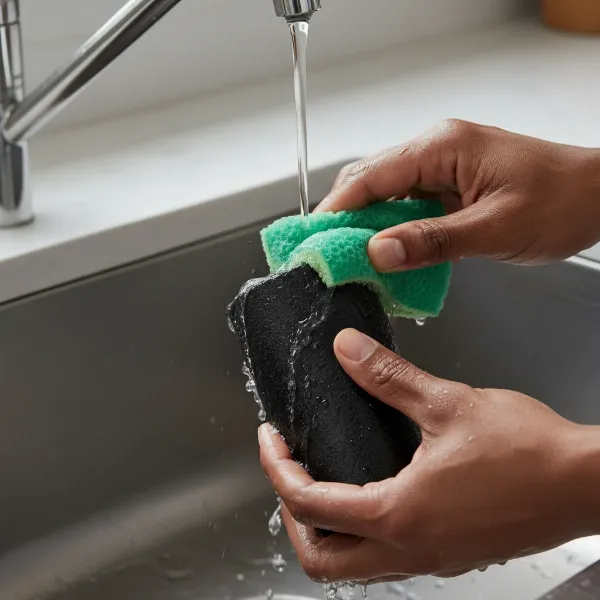 Hand gently scrubbing a Black Berkey filter element under cool running water with a green Scotch-Brite pad.