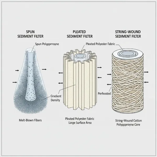 An illustrative diagram showing different types of sediment filters like spun, pleated, and string-wound, highlighting their internal structures.