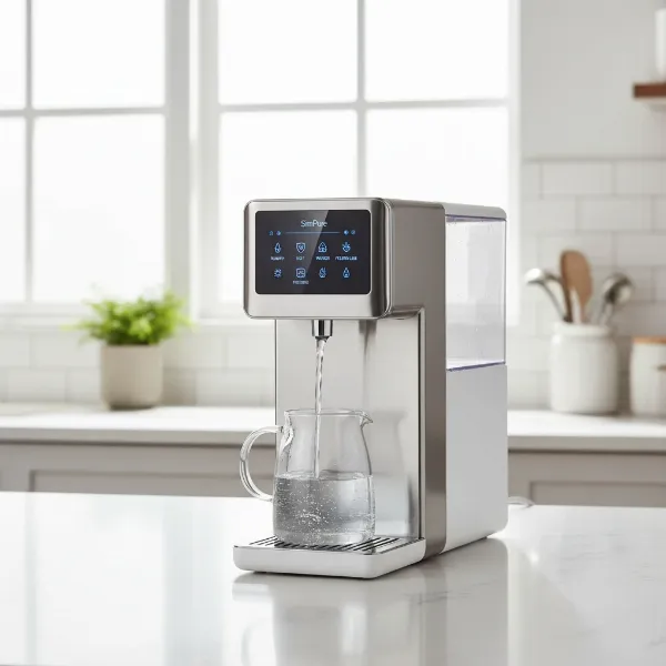 SimPure Y7P Countertop Reverse Osmosis Dispenser on a modern kitchen counter highlighting its sleek design and user interface