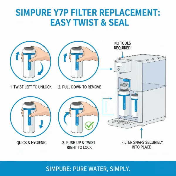 Diagram showing the quick twist-and-seal filter replacement process for the SimPure Y7P