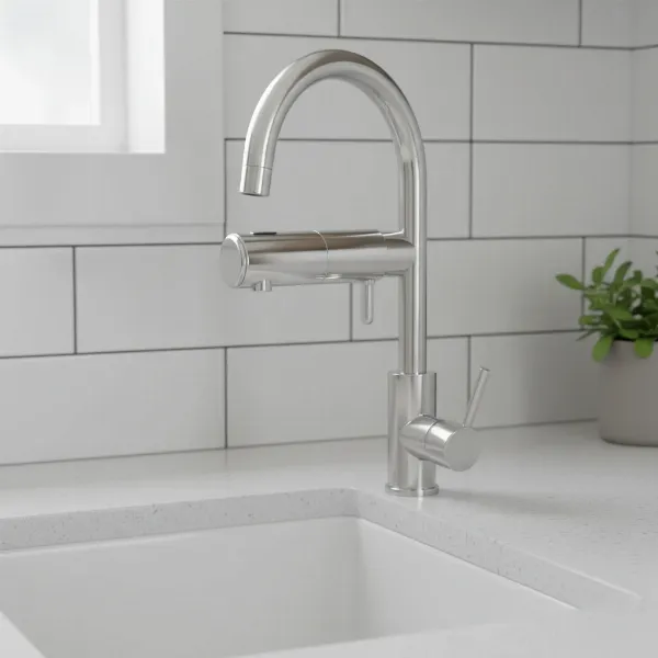 Sleek, chrome-finished faucet mount water filter blending with modern kitchen decor.