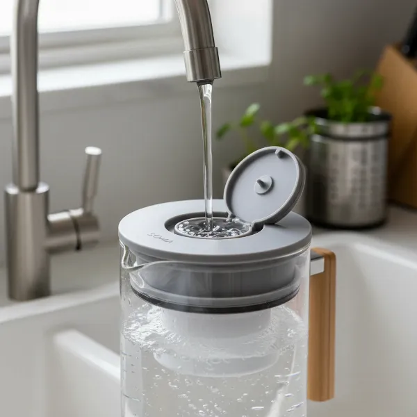 Close-up of a Soma pitcher's lid automatically opening for hands-free refilling under a tap in a modern kitchen.