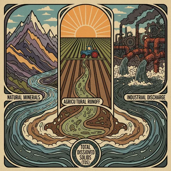 Illustrations showing natural and human sources of TDS like rocks, agricultural runoff, and industrial discharge