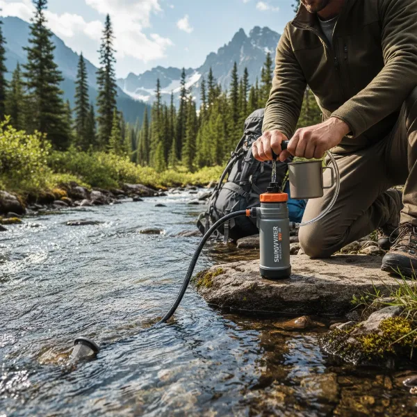 A person uses the Survivor Filter Pro to filter water from a stream in an outdoor camping environment.