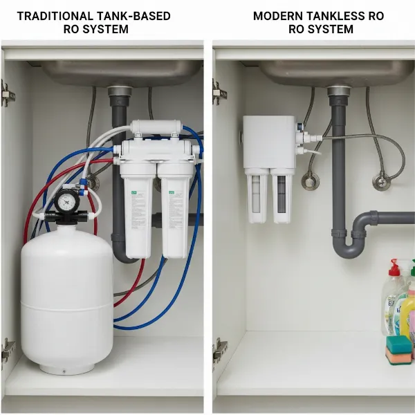 comparison image showing space difference between tank and tankless reverse osmosis systems under a kitchen sink
