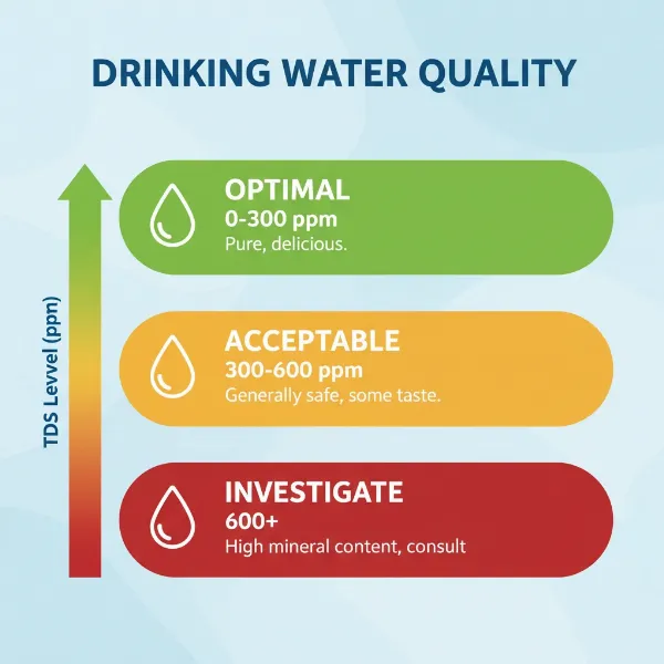 A colorful infographic illustrating ideal and concerning TDS levels for drinking water with corresponding ppm ranges