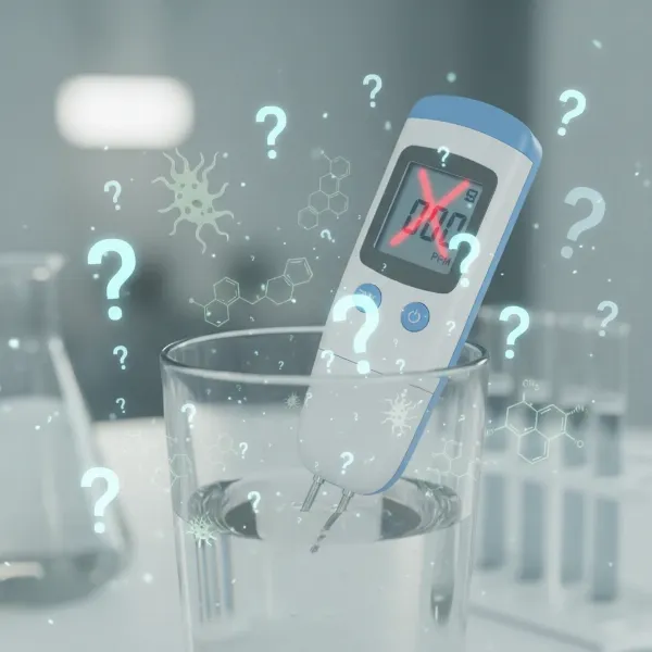 A TDS meter with question marks around it, indicating unseen contaminants like bacteria and chemicals