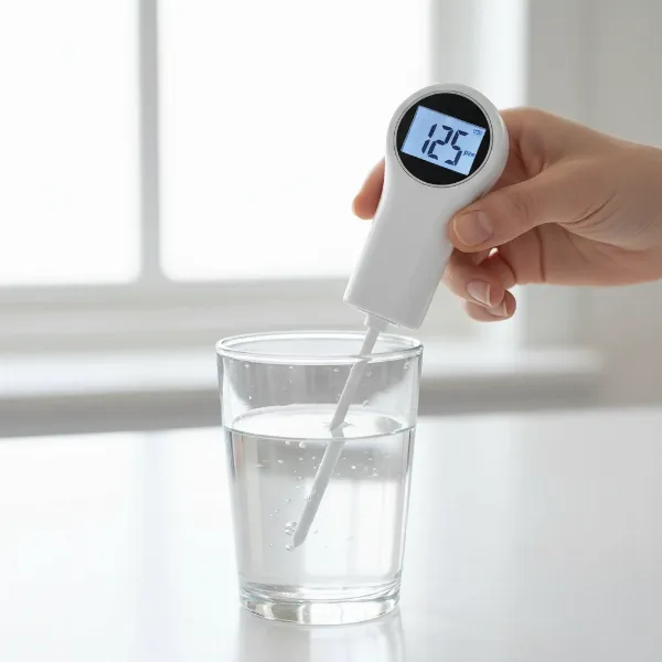 A handheld TDS meter being used to test a glass of water, showing a digital reading
