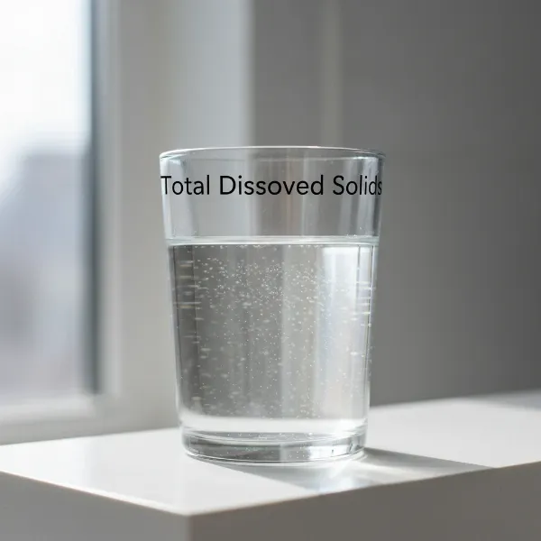 A glass of water with visible dissolved particles and text "Total Dissolved Solids"