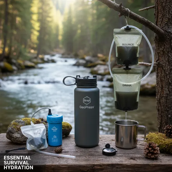 Visual representation of top-rated survival water filters like Grayl GeoPress, Sawyer Mini, and a gravity system.