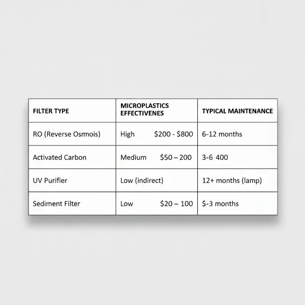 Table comparing different water filter types for microplastic removal, showing effectiveness, cost, and maintenance