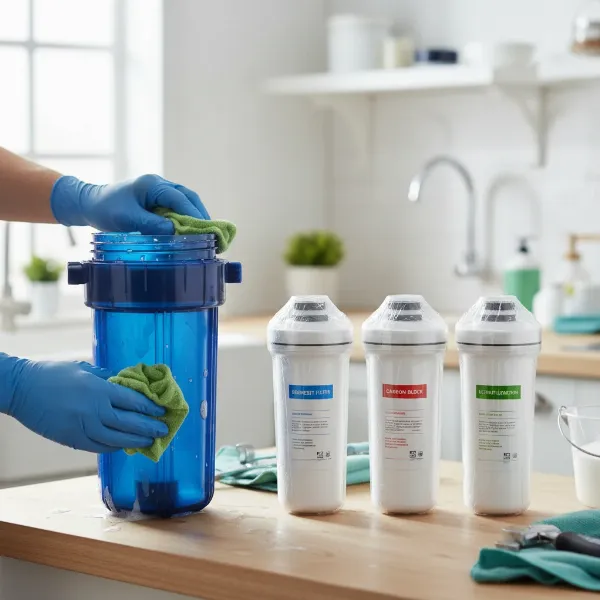 A person cleaning a water filter housing, with replacement filters nearby, illustrating routine maintenance.