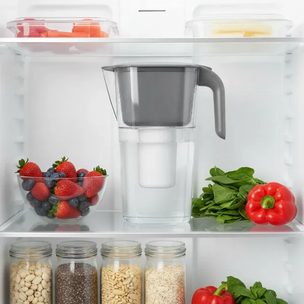 a modern water filter pitcher placed inside a clean refrigerator with other healthy items