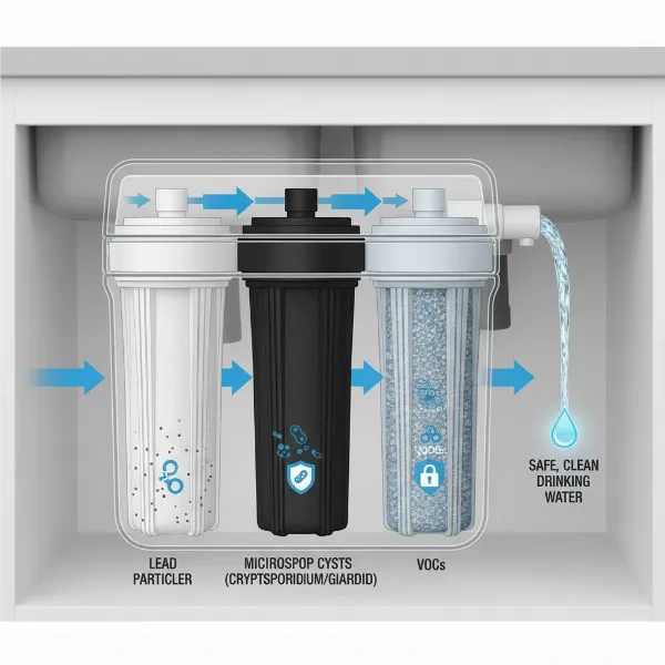 Water filter removing lead, cysts, and other health-threatening contaminants for safe drinking.