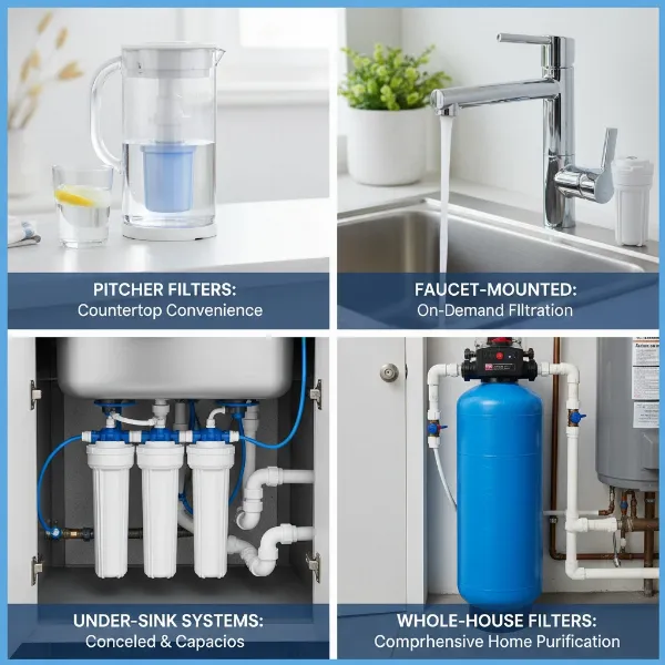 A collage showing different types of water filters like pitcher, faucet, under-sink, and whole-house systems.