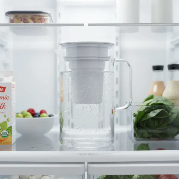 A clean water filter pitcher placed inside a refrigerator, illustrating proper storage for algae prevention.