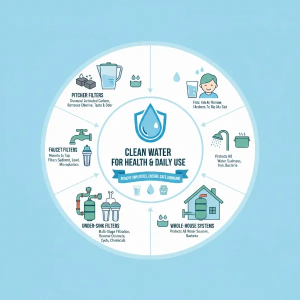Different types of water purification systems, emphasizing clean and safe drinking water.