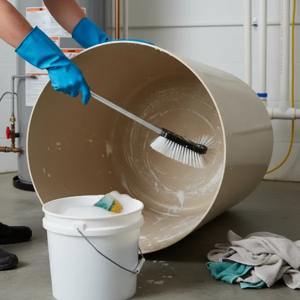 A person scrubbing the inside of an empty water softener brine tank with a brush and cleaning solution