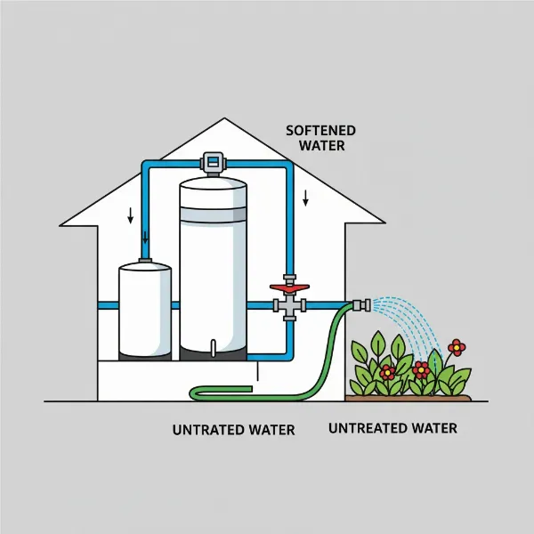 An illustration of a water softener with a bypass valve, showing a clear distinction between softened water for the house and unsoftened water being diverted to a garden hose, emphasizing plant health.