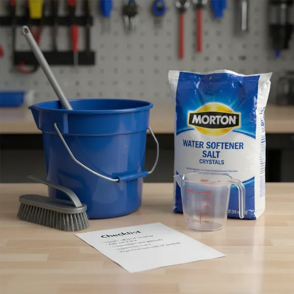 A visual checklist and tools for water softener maintenance tasks like checking salt levels and cleaning
