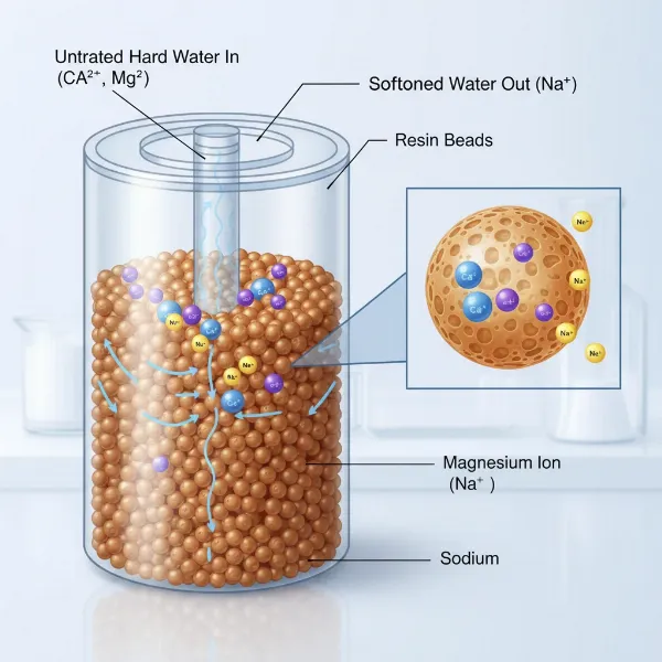 An illustration of how a water softener works using ion exchange, showing water flowing through resin beads.
