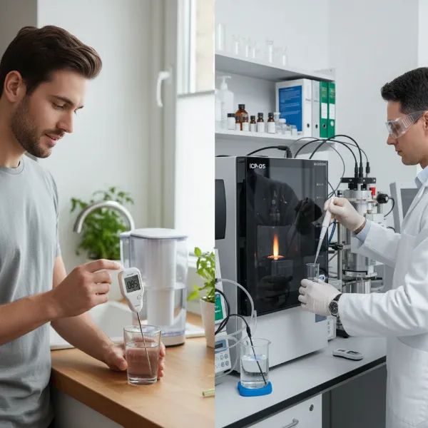 A person using a home TDS meter alongside a laboratory setting for comprehensive water analysis