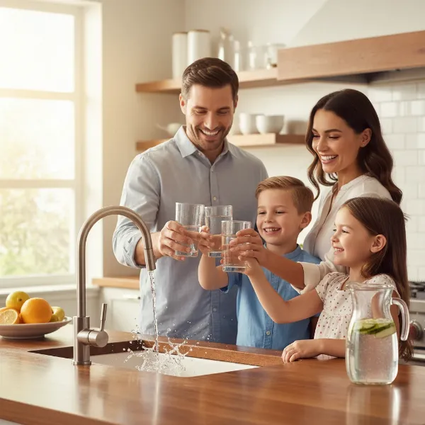 Family enjoying filtered water from Whirlpool WHELJ1 for drinking and cooking