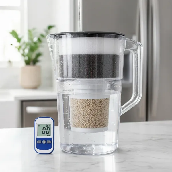 A ZeroWater pitcher showcasing its advanced 5-stage filtration system and a TDS meter.